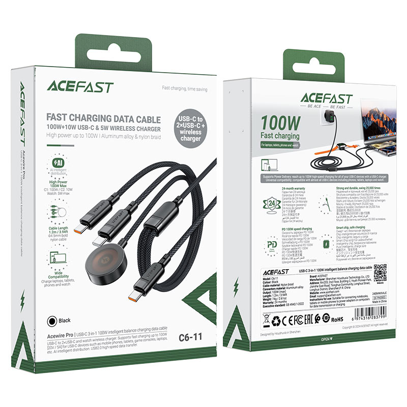 كابل بيانات وشحن سريع من Acefast، يدعم الشحن السريع بقوة 100 واط + 10 واط عبر منفذ USB-C والشحن اللاسلكي بقوة 5 واط - C6-11 أسود