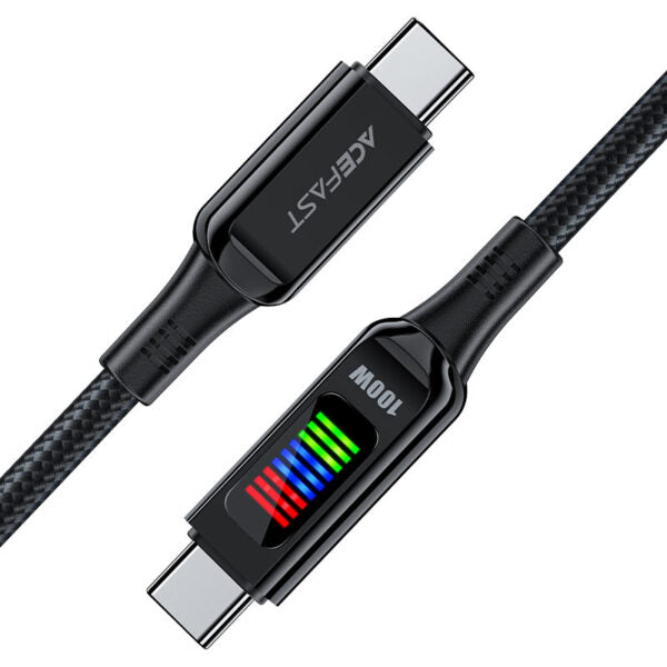 كابل بيانات وشحن سريع من Acefast، USB-C إلى USB-C، مزود بإضاءة LED بقوة 100 واط - C7-03 أسود