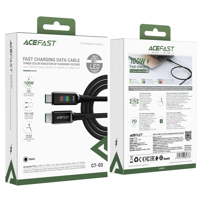 كابل بيانات وشحن سريع من Acefast، USB-C إلى USB-C، مزود بإضاءة LED بقوة 100 واط - C7-03 أسود