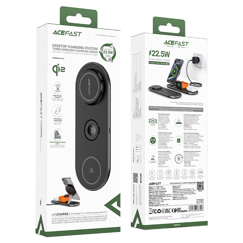 Acefast Desktop Charging Station Three Wireless Charging Areas 22.5W - E19 Black