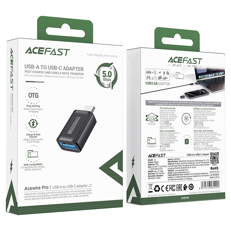 Acefast USB-A TO USB-C Adapter 5.0 Gbps - J1 Black