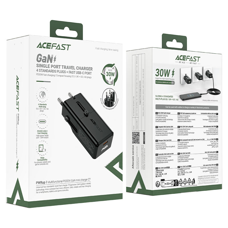 Acefast Gan Single Port Travel Charger 4 Standars Plugs+Fast USB-C Port 30W - Z7 Black