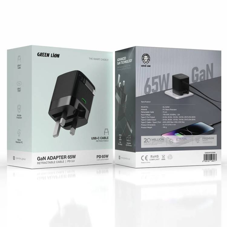 Green Lion Gan Adapter 65W Retractable USB-C Cable