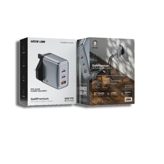 Green Lion GanPremium UK Plug / 2 USB-C / QC3.0 65W