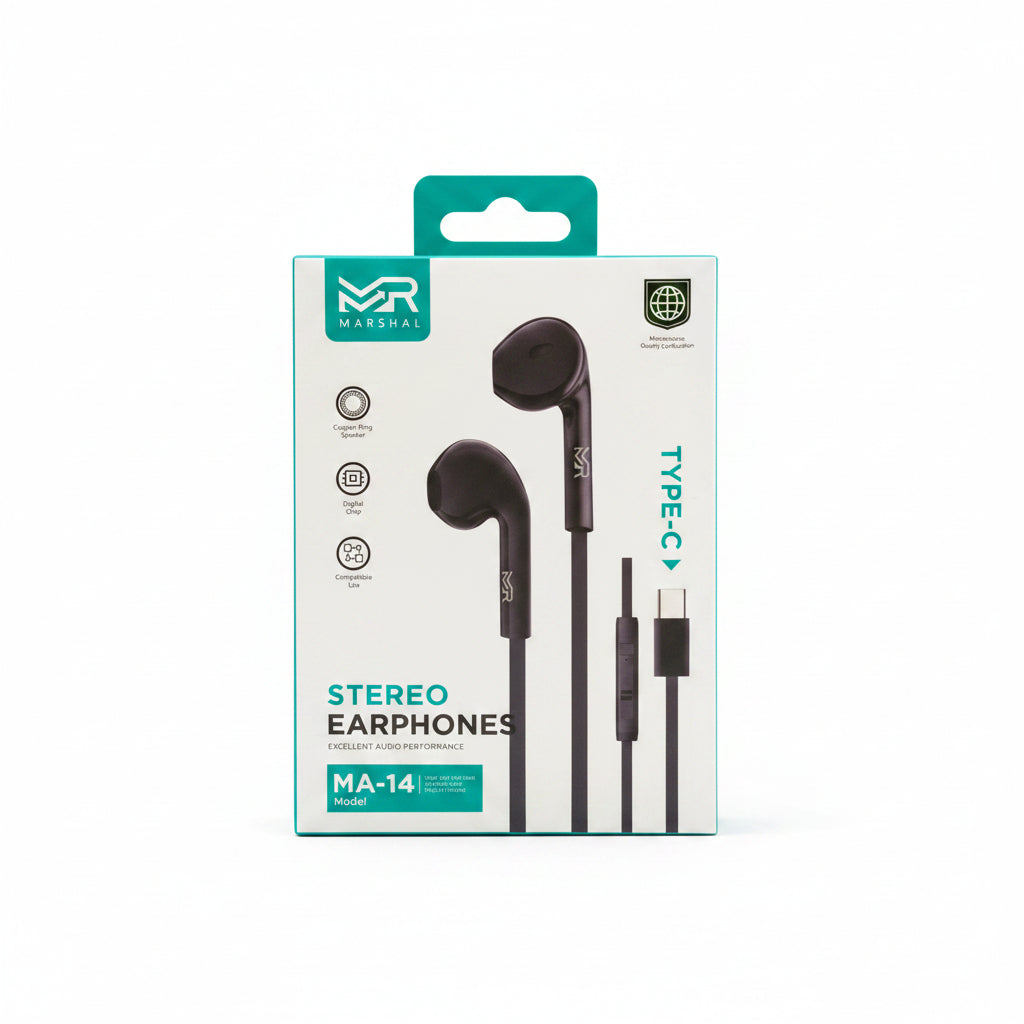 Marshal Stereo Earphones Excellent Audio Performance - MA-14 Black