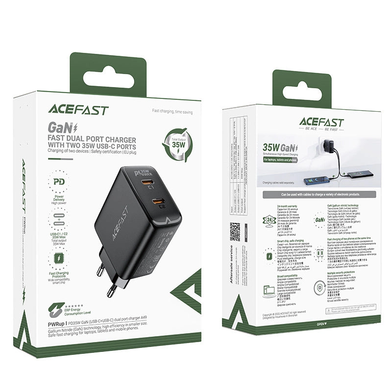 Acefast Gan Fast Dual Port Charger With Two 35W USB-C Ports - A49 Black