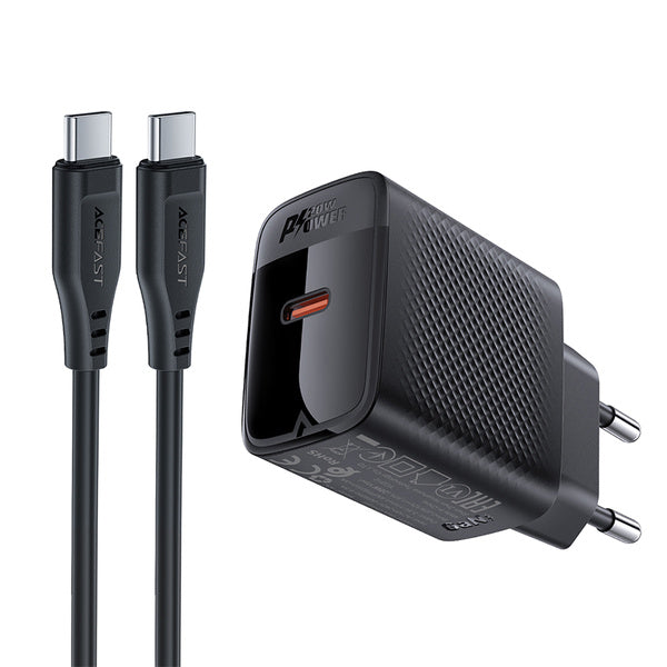 + Acefast Gan Fast Dual Port Charger Set With USB-A USB-C Ports USB-C Cable 1.2m 20W Max AC11 Black