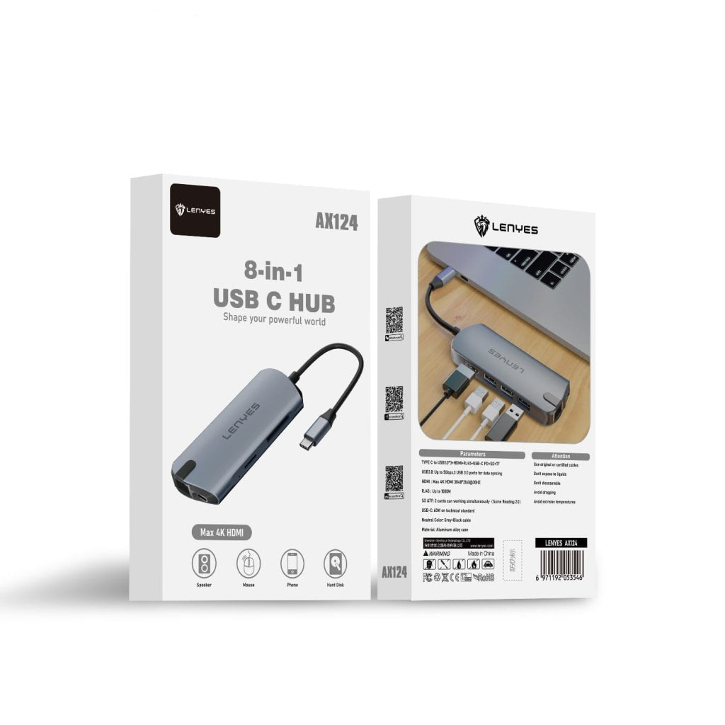 Lenyes 8 in 1 USB-C Hub Shape Your Powerful World Max 4k HDMI AX124
