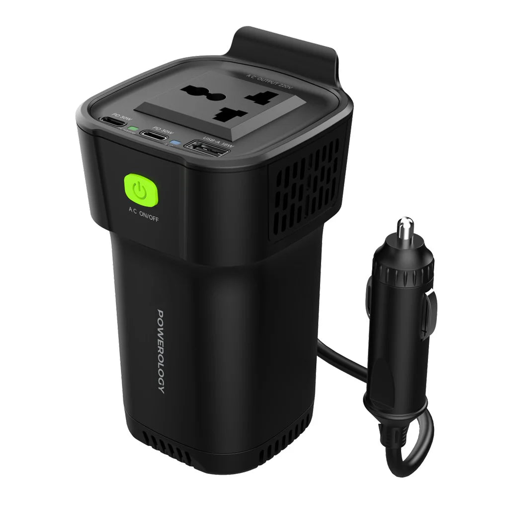 Powerology 150W Cup Holder Power Inverter Dual USB-C & usb-a QC3.0 - Black