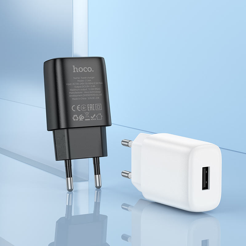 hoco Mini USB Charger Set Singel Port Charger 12W USB-A TO Lightning Cable 1M C134A White