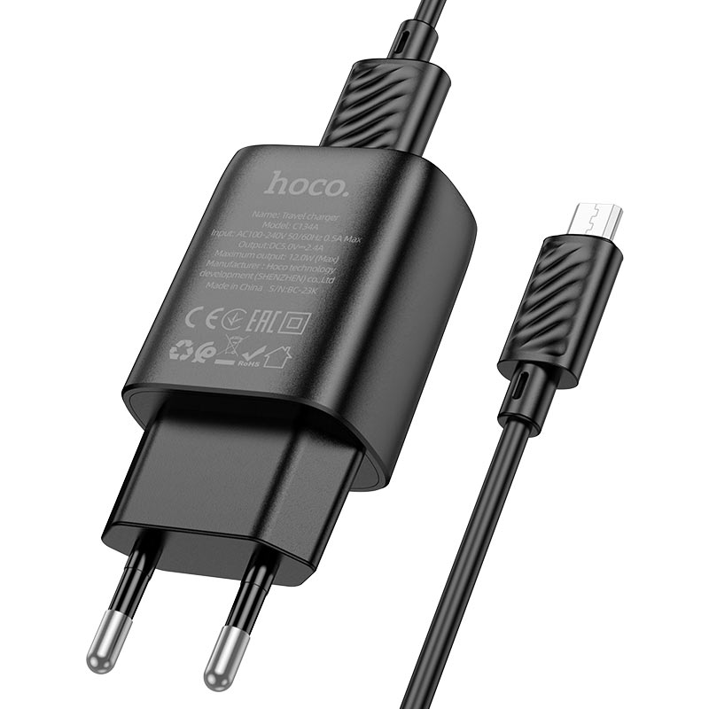 hoco Mini USB Charger Set Singel Port Charger 12W USB-A TO Micro Cable 1M C134A Black