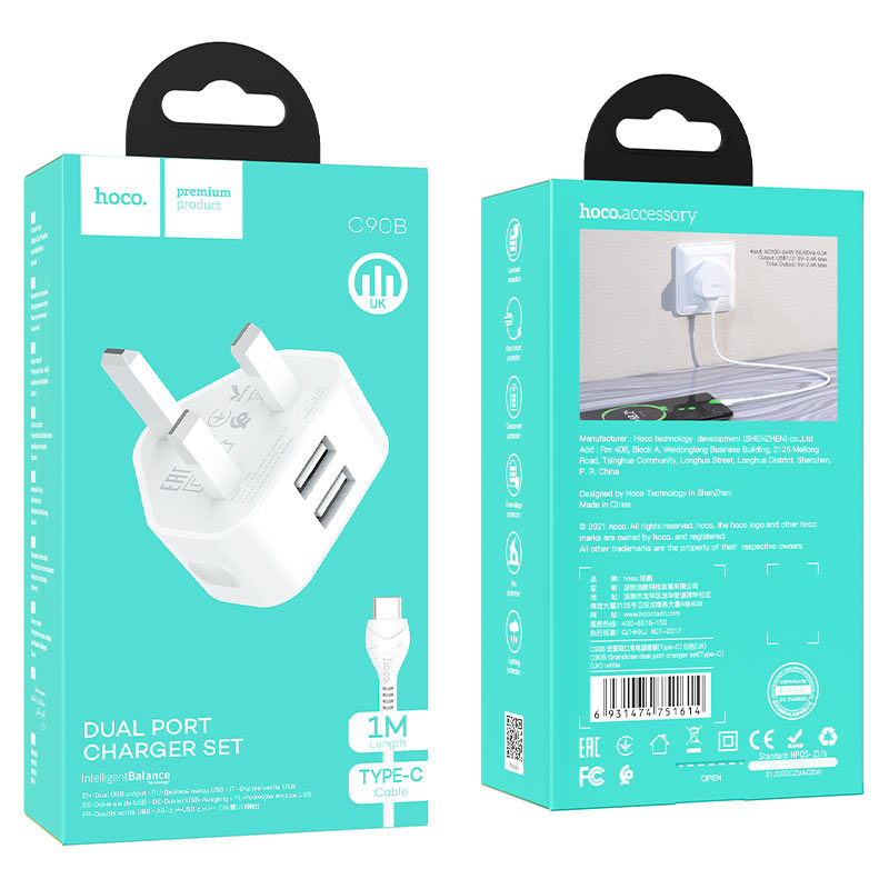 Hoco Dual Port Charger Set With Cable Usb-A TO Micro 1M C90B