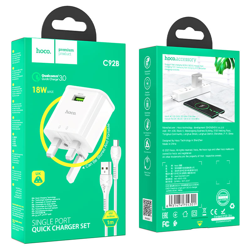 Hoco Single Port Quick Charger Set With Cable Usb-A TO Typ-C 1M 18W C92B