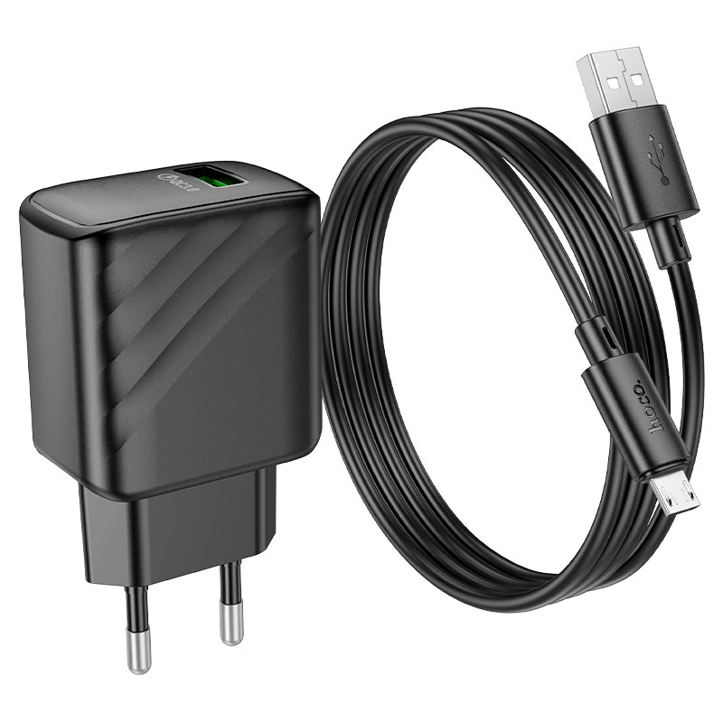 hoco Singel Port Charger Set 18W With USB-A TO Micro Cable 1m CS21A Black