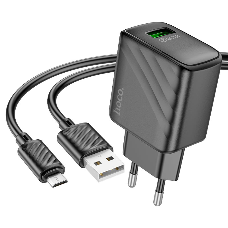 hoco Singel Port Charger Set 18W With USB-A TO Micro Cable 1m CS21A Black
