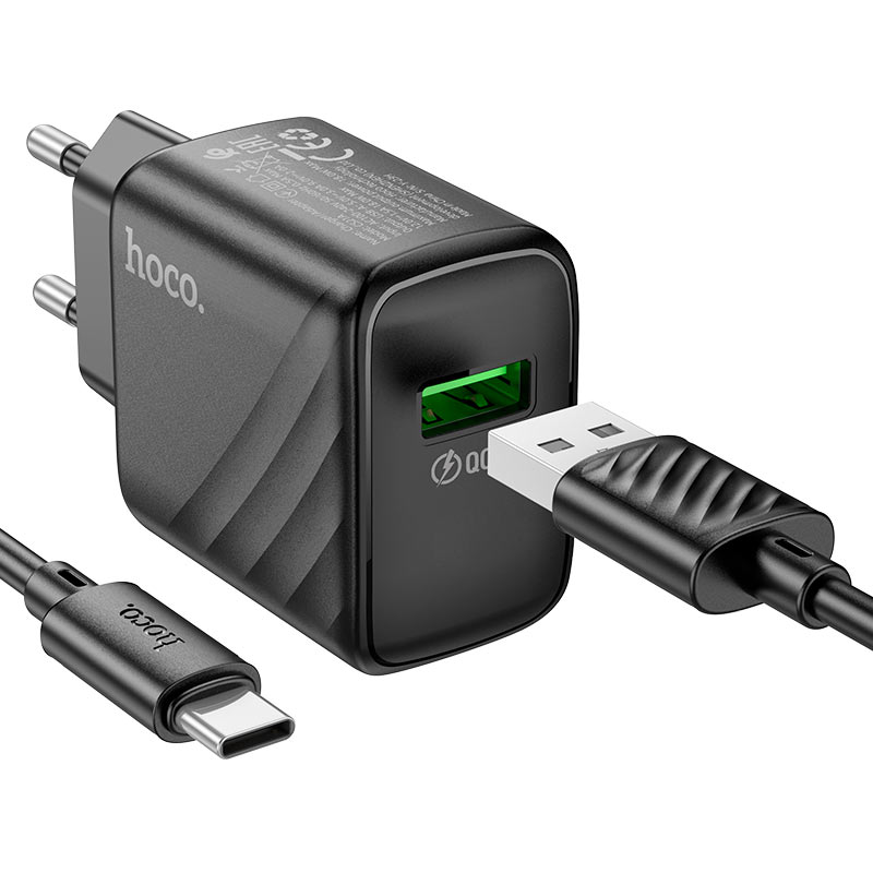 hoco Singel Port Charger Set 18W With USB-A TO Type-c Cable 1m CS21A Black