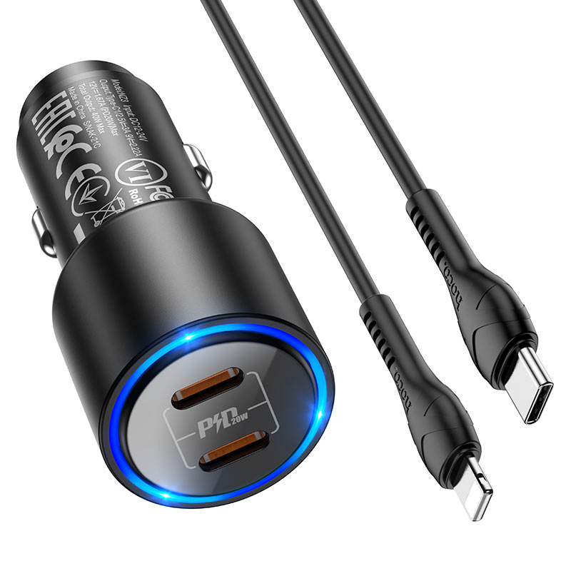 Hoco Blue Led Lights Car Charger Dual Port Typ-C PD 20W NZ3