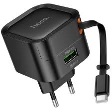 hoco Dual Output Fast Charger 20W Built-in Retractable Cable C154A Black