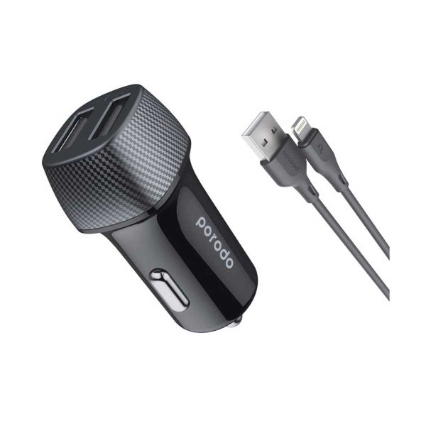 Porodo Volatage Display Compo Dual Usb Car Charger With Cable Usb-A TO Lightning 0.9M