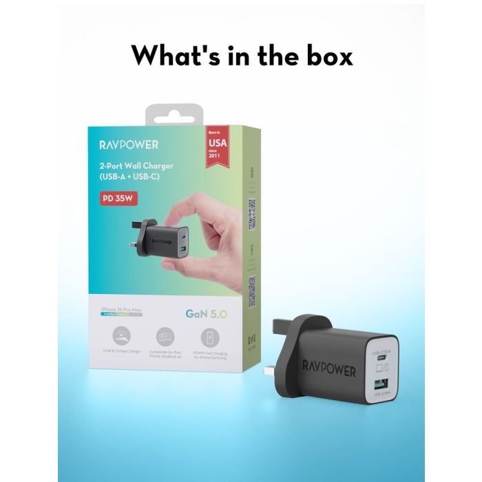 Ravpower 2-Port Wall Charger (USB-A TO USB-C) 35W - RP-PC1046