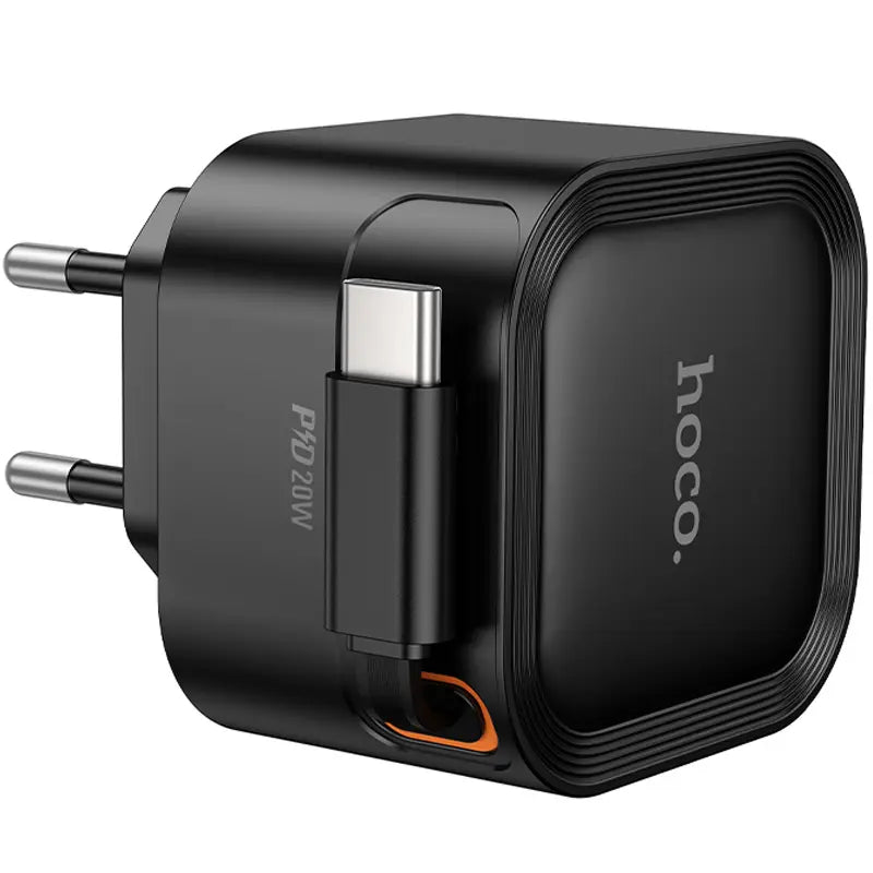hoco Singel Output Fast Charger 20W Built-in Retractable Cable C153A Black