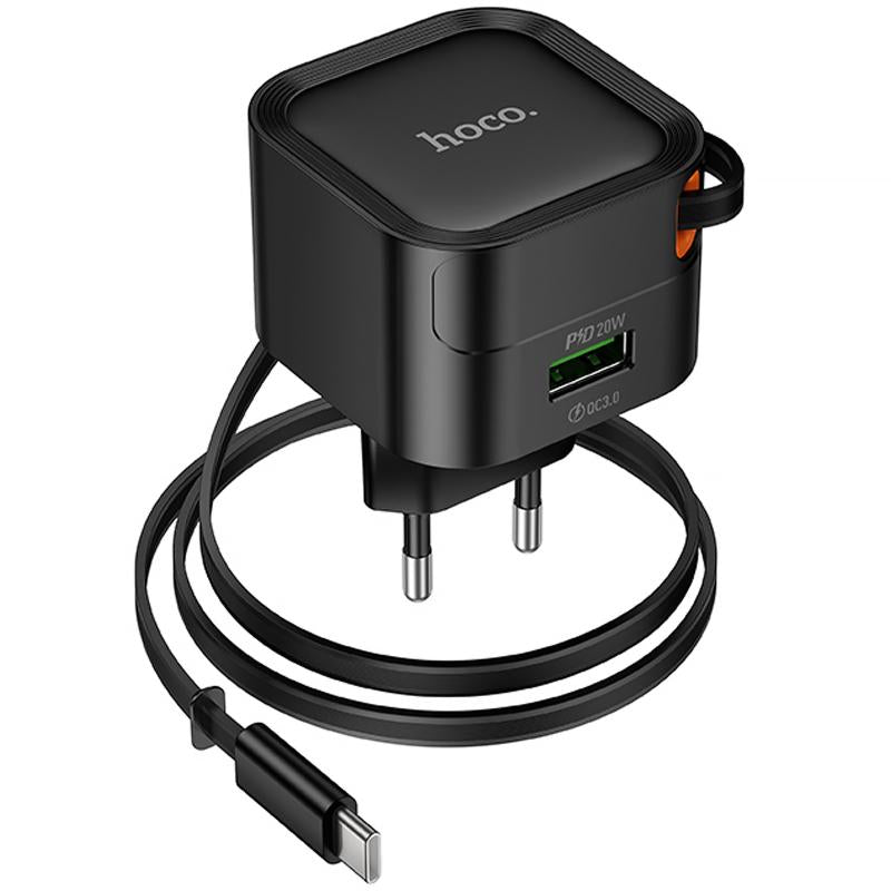 hoco Dual Output Fast Charger 20W Built-in Retractable Cable C154A Black