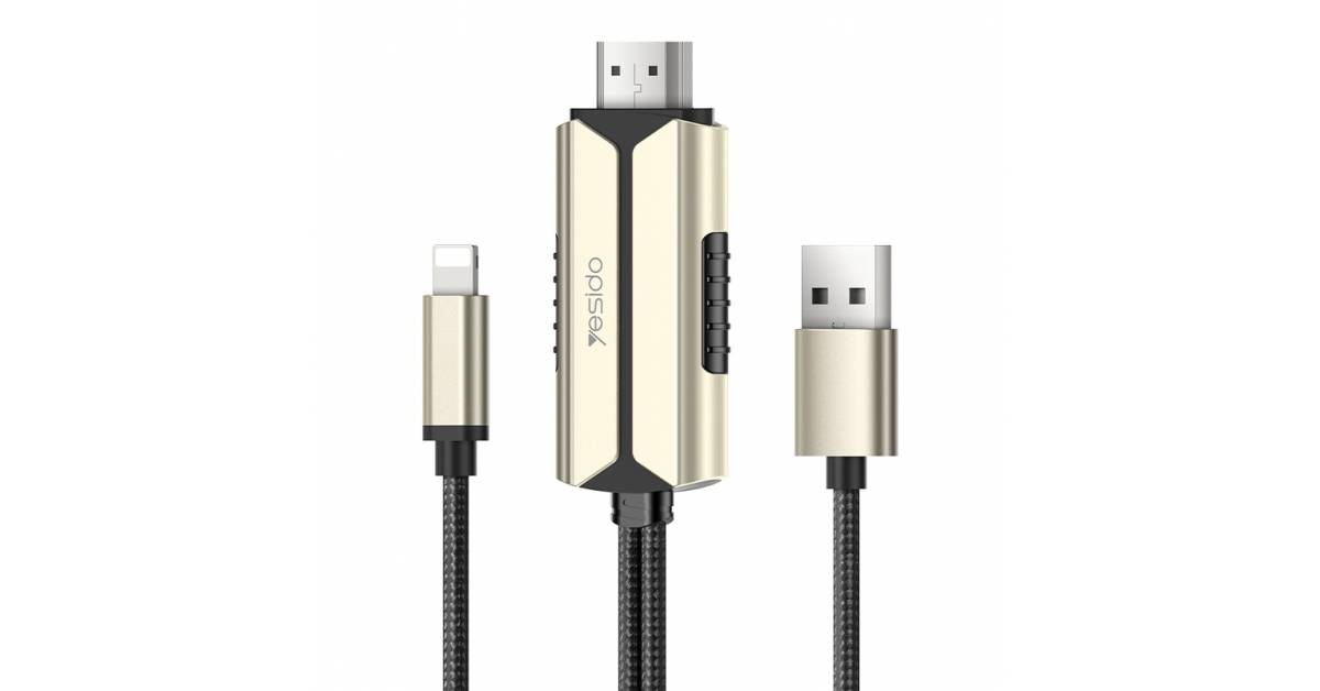 كابل تمديد USB-L فائق الدقة 3 في 1 من Yesido، محوّل تلفزيون عالي الدقة، مضفر من النايلون، HM14 - 2 متر