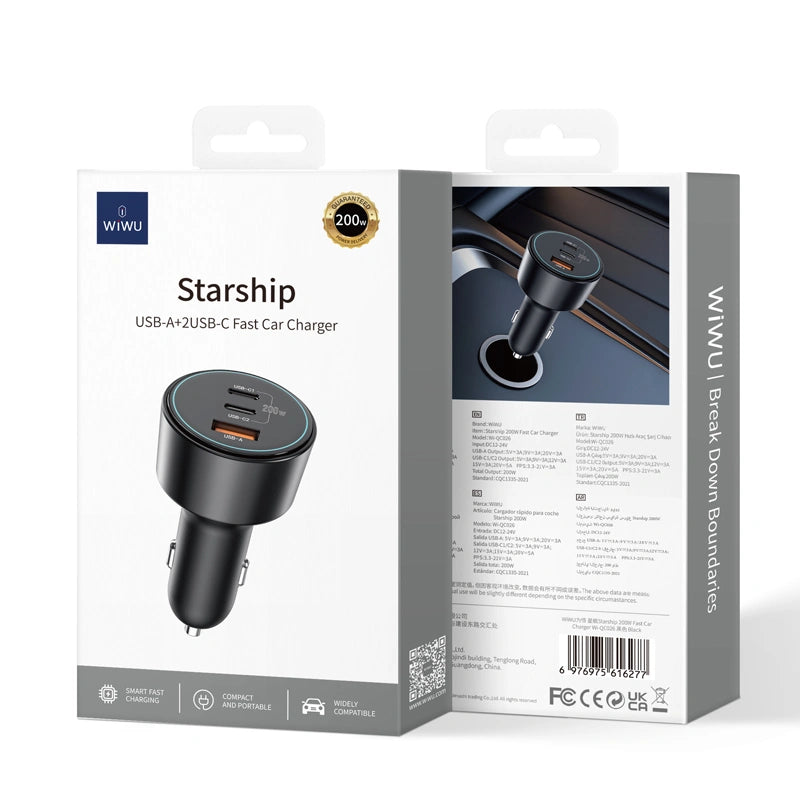 Wiwu Starship USB-A+2USB-C Fast Car Charge 200W - Wi-QC026