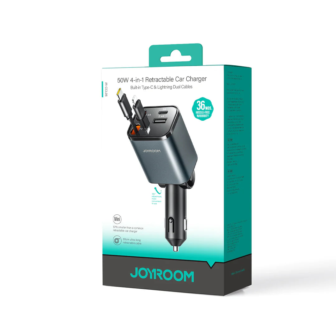 Joyroom 65W 4 IN 1 Retractable Car Charger With Type-c & Lightning Dual Cable JR-CCL05