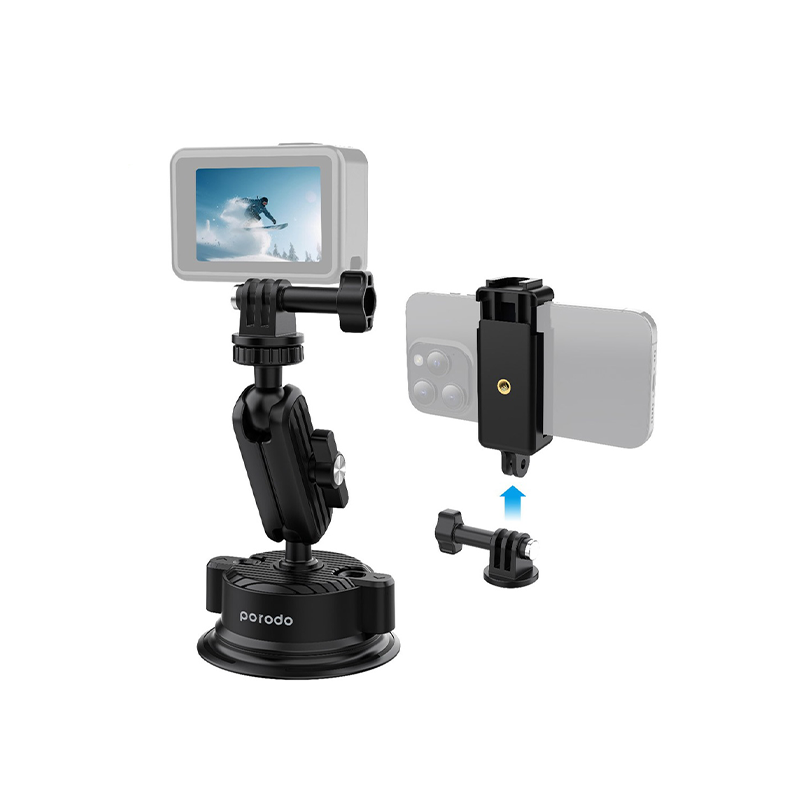 Porodo 2in1 Mobile and Camera Mount with Suction Base - Black