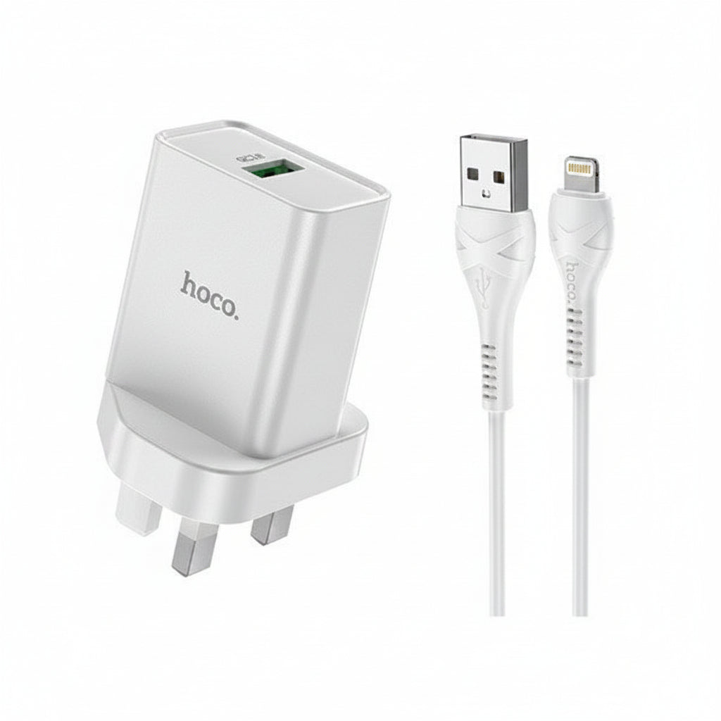 مجموعة شاحن هوكو صغير الحجم مع كابل USB-A إلى Lightning بطول 1 متر وقوة 10.5 واط DC48 