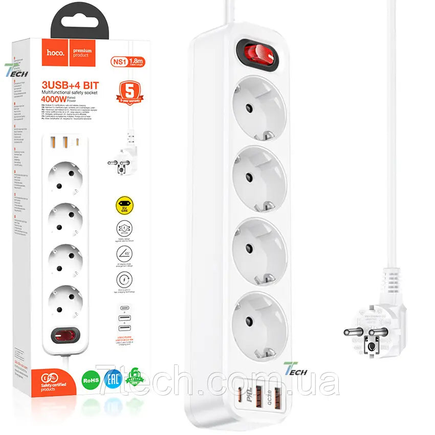 Hoco USB+4 BIT Multifunctional Safety Socket 4000W (NS-1)1.8m