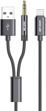 Green Lion Braided 2 in 1 AUX Cable Black (1.2m)