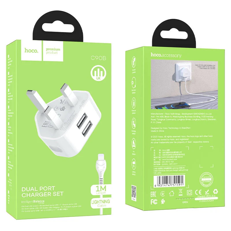 Hoco Dual Port Charger Set With Cable Usb-A TO Lightning 1M C90B