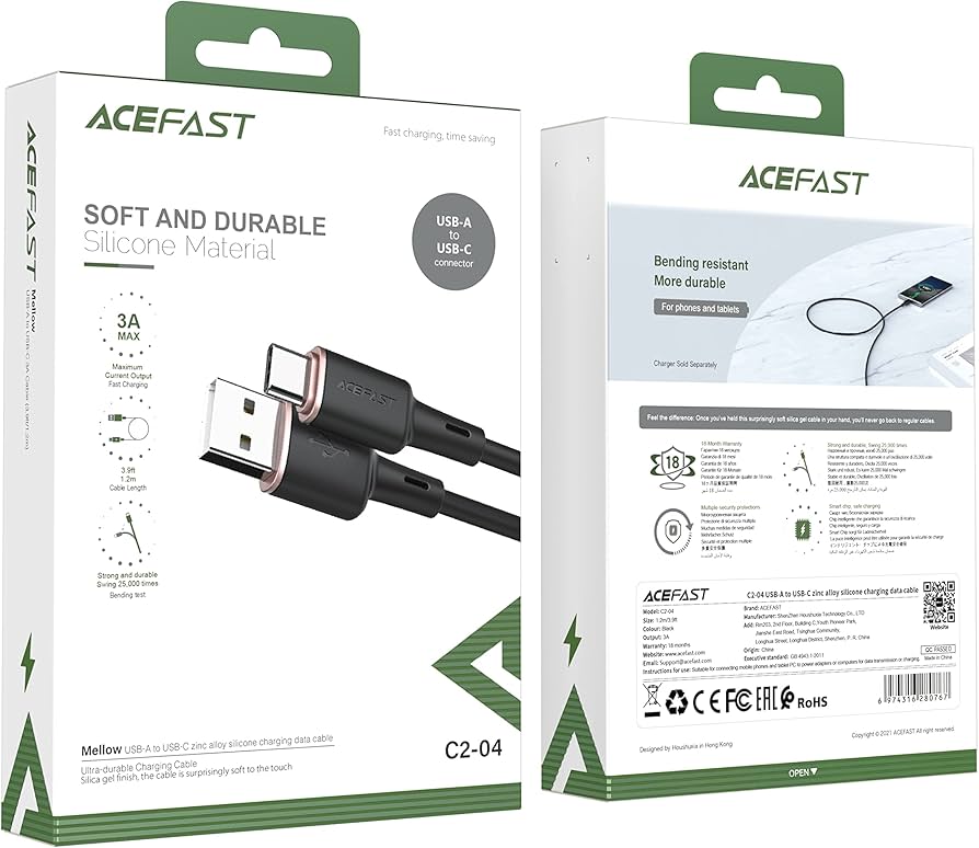 Acefast Soft And Durable Silicone Meterial USB-A TO USB-C 1.2m - C2-04 Black