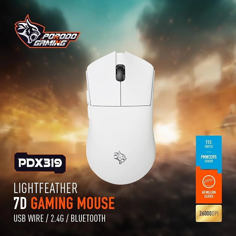 \ Porodo Lightfeather Usb Wire \ 2.4G Bluetooth 7D Gaming Mouse 26.000DPI - White