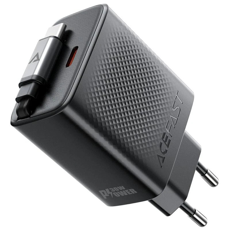 Acefast Gan Fast Singele Port Charger With USB-C Retractable Charging Cable 30W - A110 Black