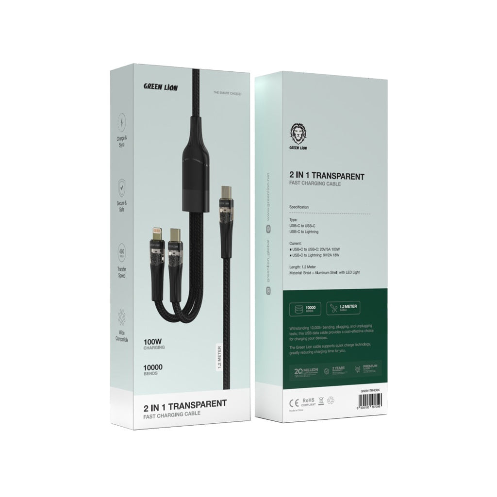 Green Lion 2 IN 1 Transparent Fast Charging Cable 100W 1.2m