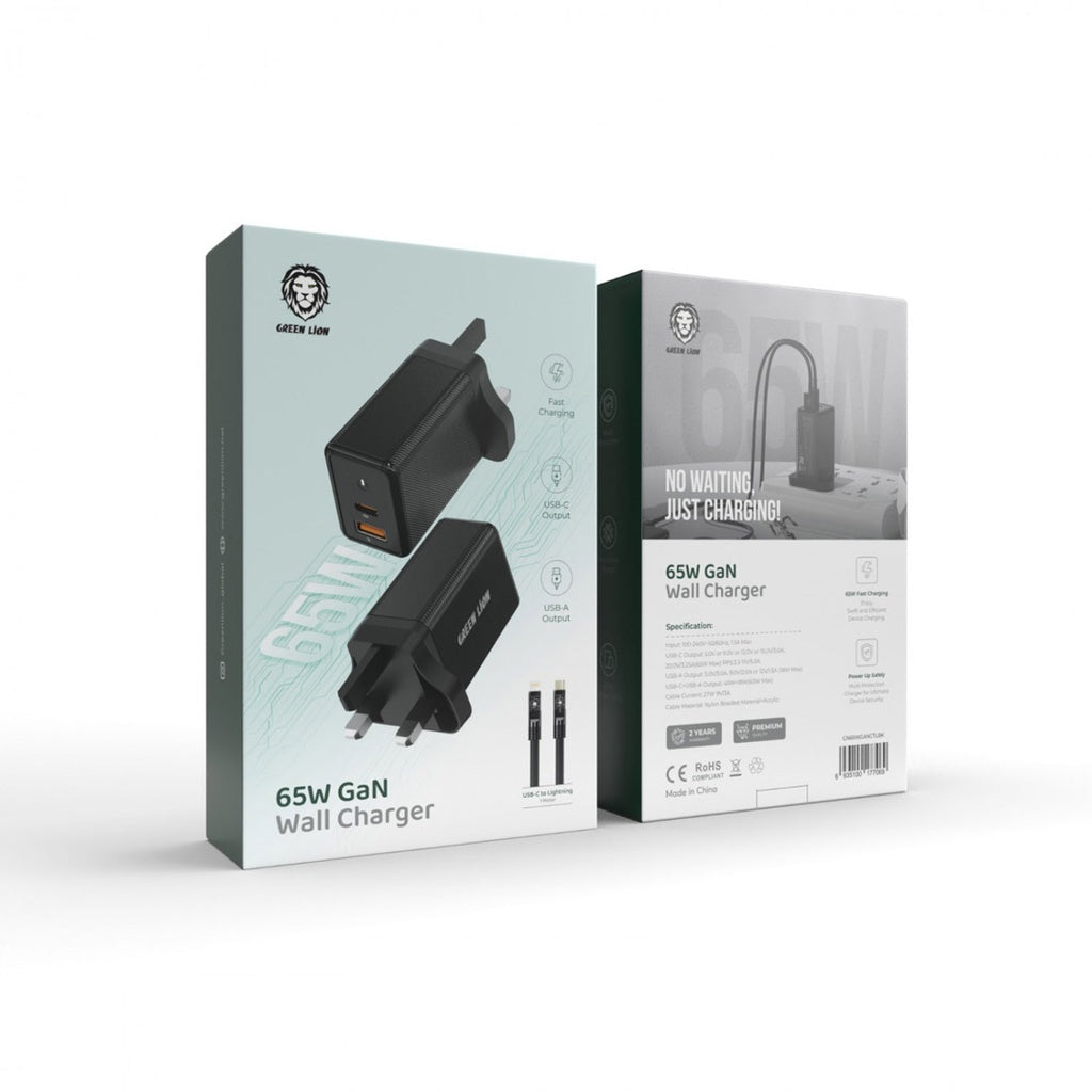Green Lion Dual PD & QC Gan Charger 65W With Type-c to Lightning Cable 1m