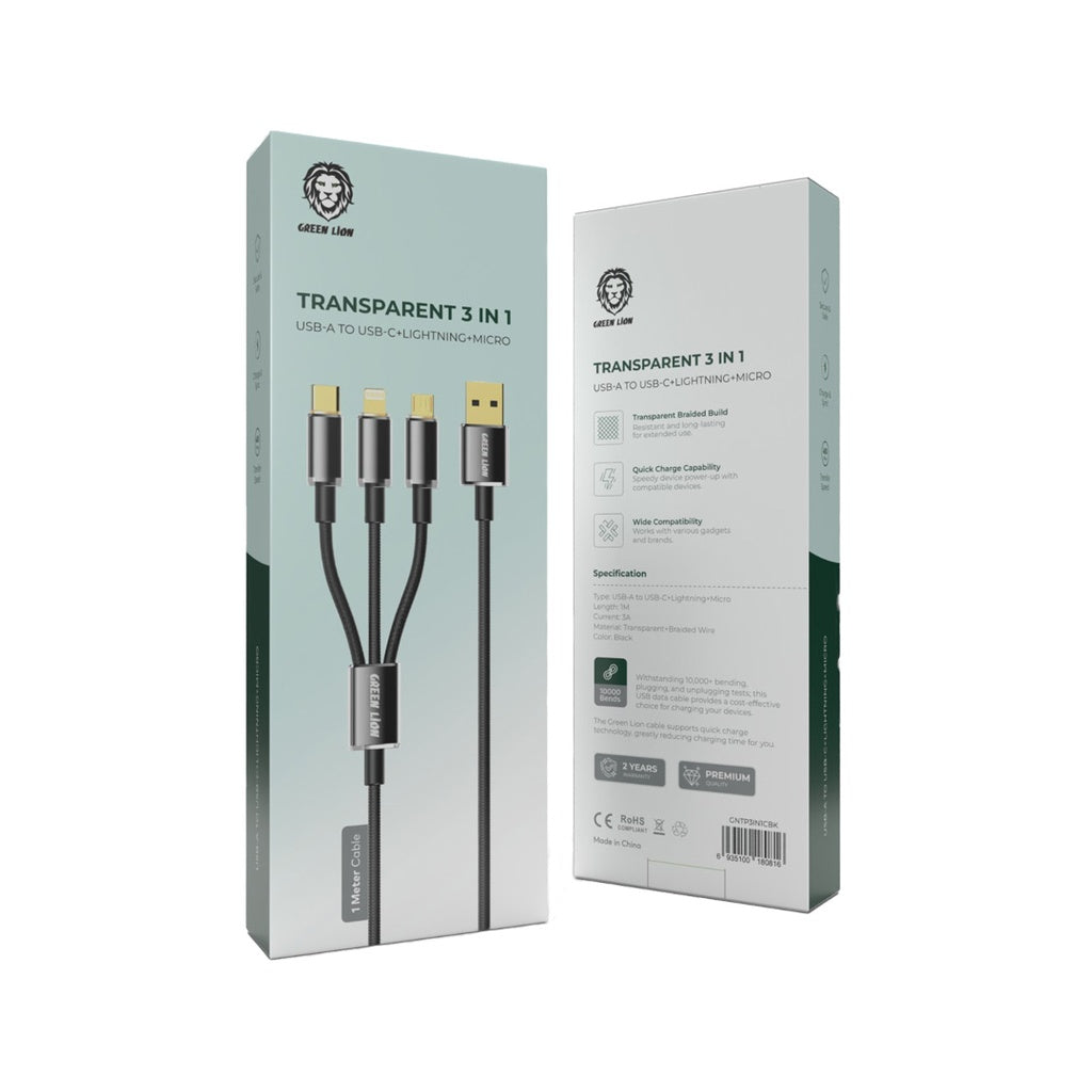 Green Lion Transparent 3 in 1 USB-A TO USB-C + Lightning + Micro Cable 1m