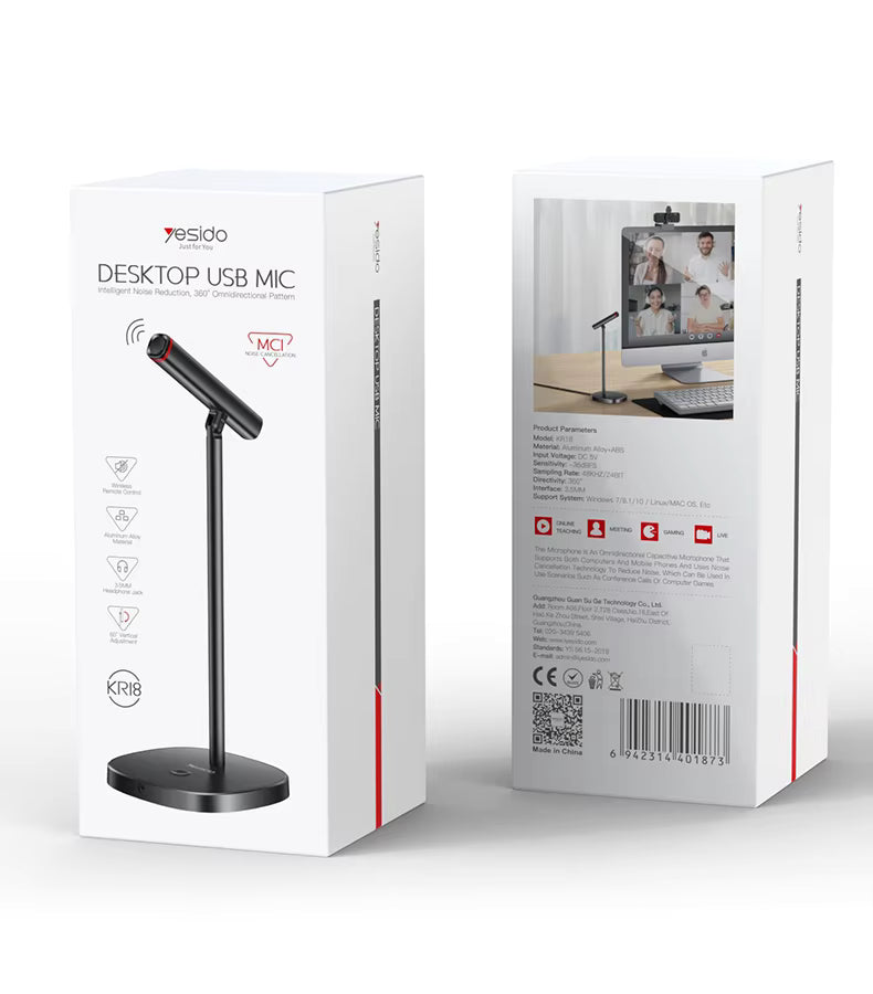 Yesido Desktop USB Microphone Intelligent Noise Reduction 360 Omnidirectional Pattem - KR18