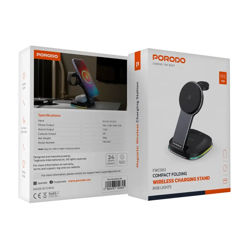 Porodo Compact Folding Wireless Charing Stand RGB Lights FWC063