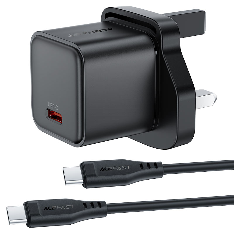 Acefast Gan Fast Single Port Charger Set With USB-C Port 20W Max USB-C Cable 1.2m - A123 Black