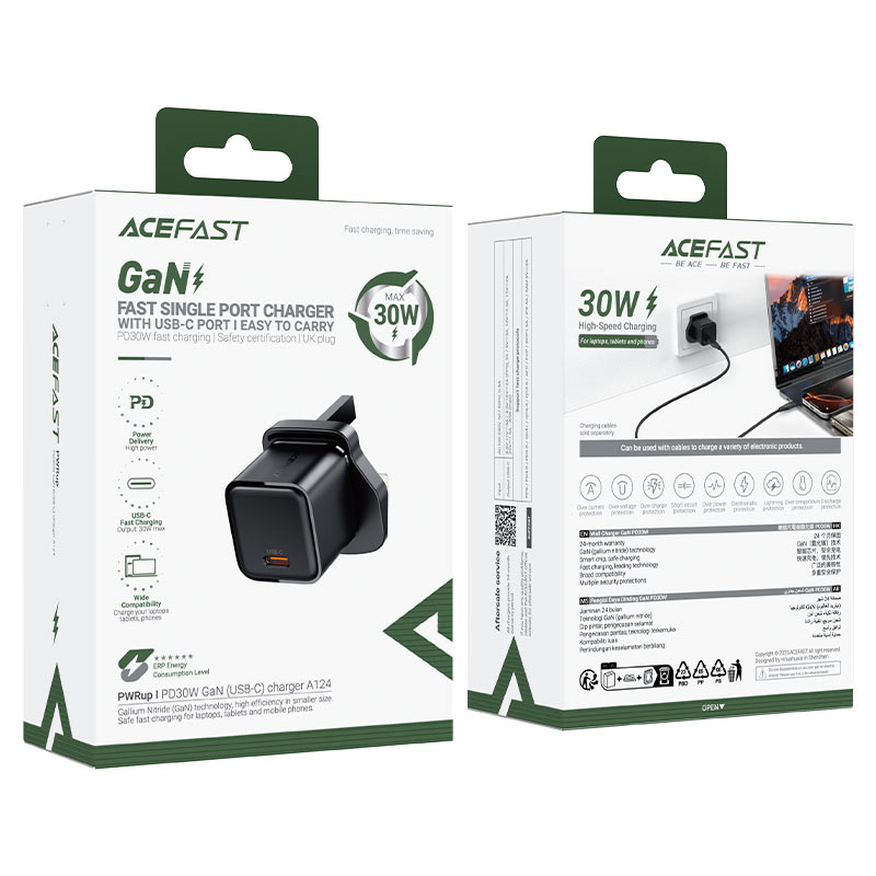 Acefast Gan Fast Single Port Charger With USB-C Ports 30W - A124 Black