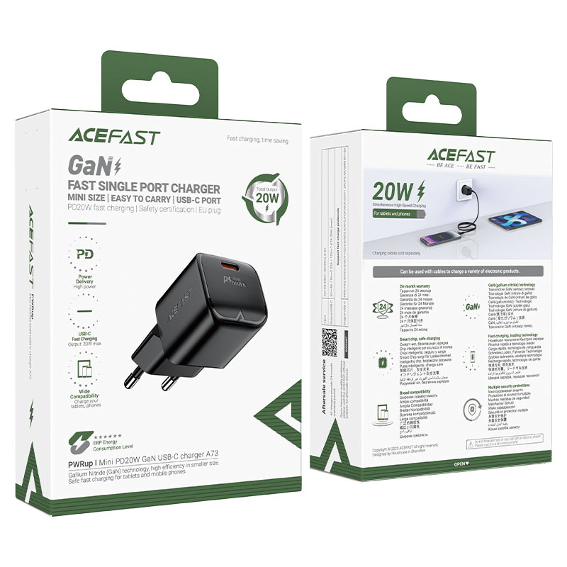 Acefast Gan Fast Single Port Charger Set With USB-C Port With USB-C Cable 1.2m - AF-22 Black