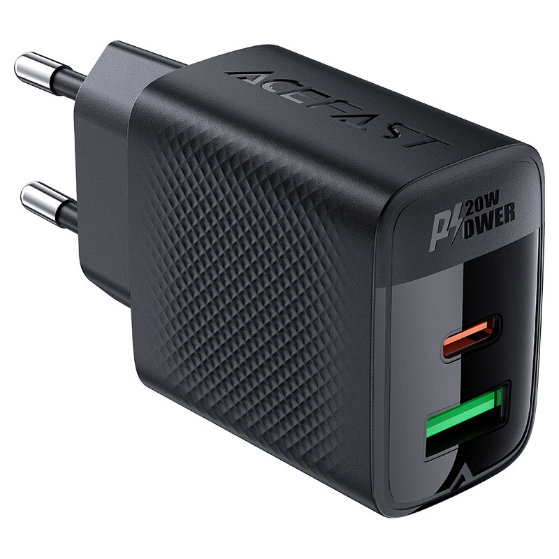 Acefast Gan Dual Port Charger With USB-A+USB-C Ports 20W - A78 Black
