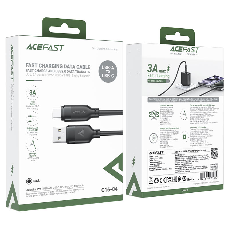 كابل بيانات وشحن سريع من Acefast، من USB-A إلى USB-C، بطول 1.2 متر - C16-04، أسود