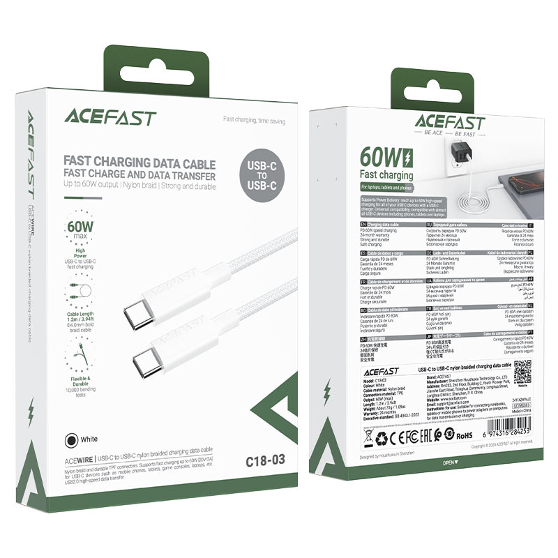 كابل بيانات وشحن سريع من Acefast، USB-C إلى USB-C، 60 واط، 1.2 متر - C18-03، أبيض