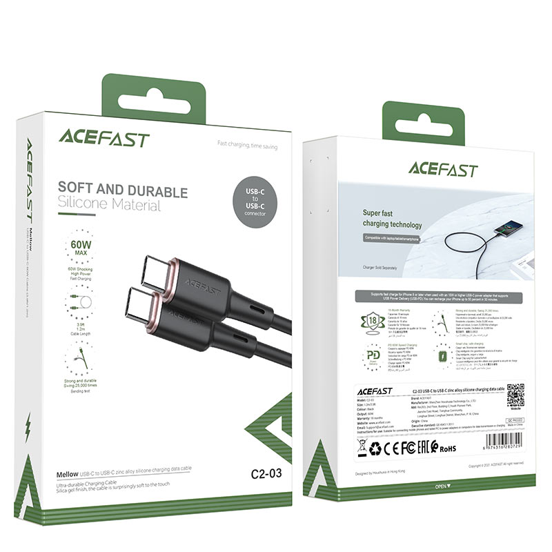 Acefast Soft And Durable Silicone Material USB-C TO USB-C 60W 1.2m - C2-03 Black