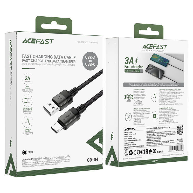 كابل بيانات وشحن سريع من Acefast، من USB-A إلى USB-C، بطول 1.2 متر - C9-04، أسود